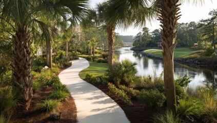 Fototapeta premium Winding pathway along a serene waterway lined with palm trees