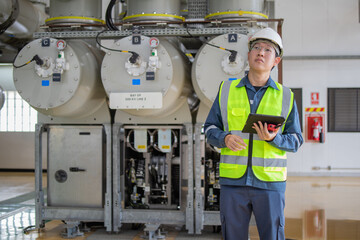 Engineer wearing safety helmet and reflective vest performs inspection at electrical substation using digital tablet to ensure equipment safety and functionality