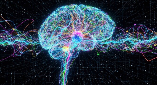 A glowing abstract human brain rendered with intricate colorful lines surrounded by dynamic light trails against a dark digital grid background