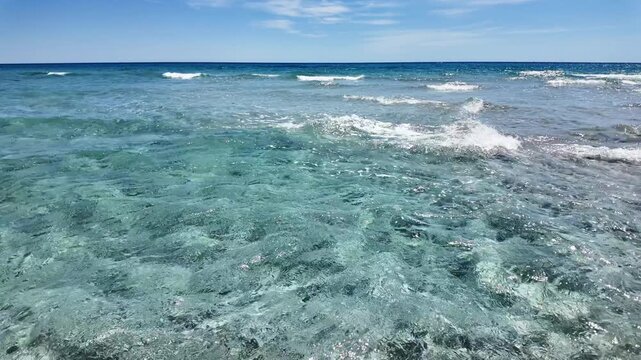 Pure and clear turquoise water of the Sardinian sea at Berchida beach south of Siniscola, in the Baronie territory on the east coast of the island of Sardinia, Gallura, Costa Smeralda, Italy