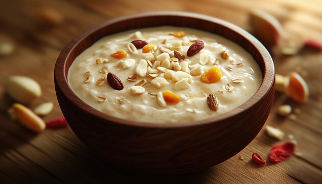 Traditional Indian/Asian Dessert: Khir Or Kheer Payasam Also Known As Sheer Khurma Seviyan, Enjoyed On Festivals Like Eid, Served With Dry Fruits In Colorful/Wooden Bowls.