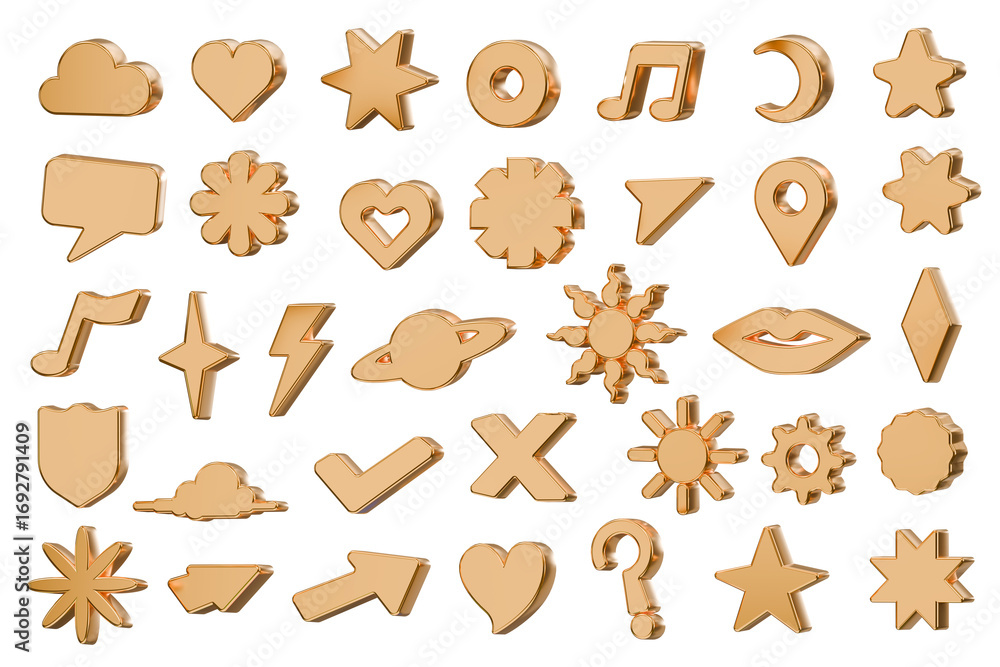 Fototapete golden object geometry shape set isolated background 3d rendering