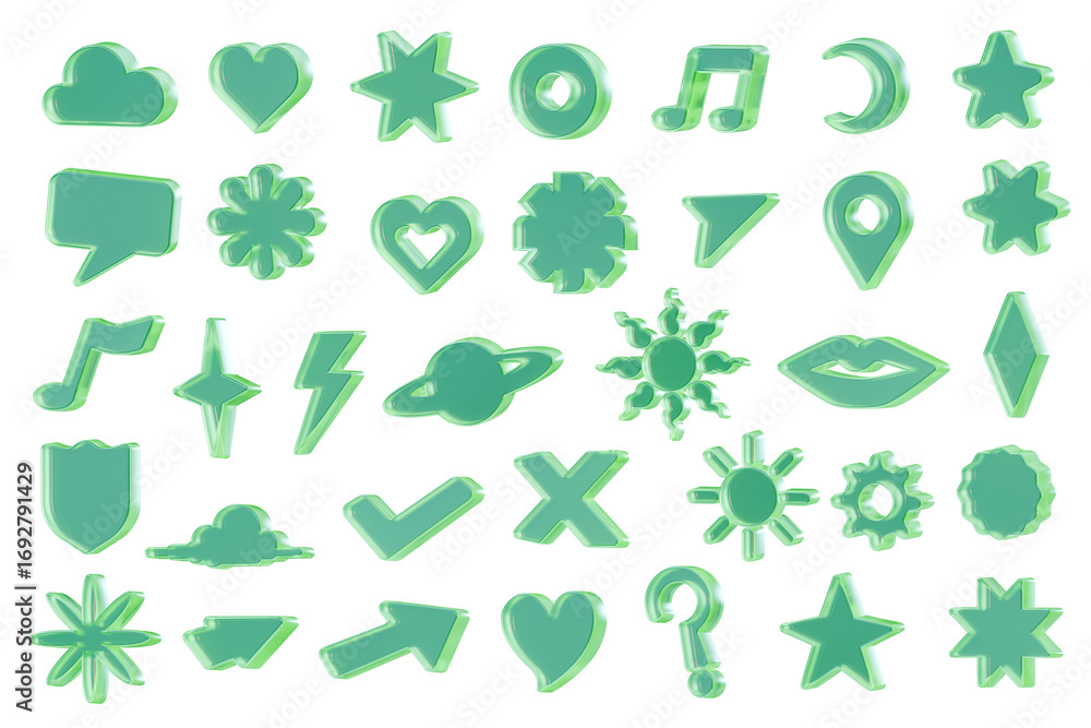 Poster green fluorescent object collection set pack isolated background 3d rendering