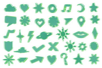 Green fluorescent object collection set pack isolated background 3d rendering	
