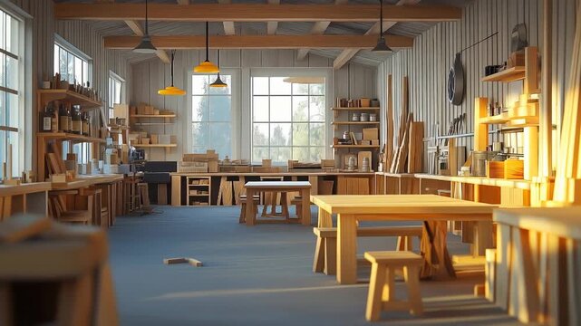 Warm sunlight illuminates a tranquil, empty woodworking studio, showcasing tools and workbenches ready for crafting