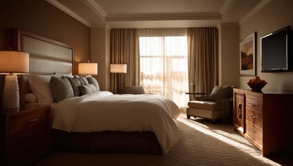 Obraz premium A spacious hotel bedroom boasts warm tones, soft lighting, and a view from a large window.