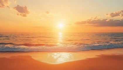 Fototapeta premium Tranquil Seascape And Sky: A Serene View Of The Ocean Horizon With Golden Sun, Soft Sand, And Calming Summer Vibes