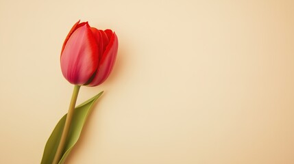 A single tulip lies flat on a beige background, softly lit from above with selective focus.