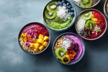 Vibrant and healthy smoothie bowls topped with fresh fruits, granola, and chia seeds for breakfast.