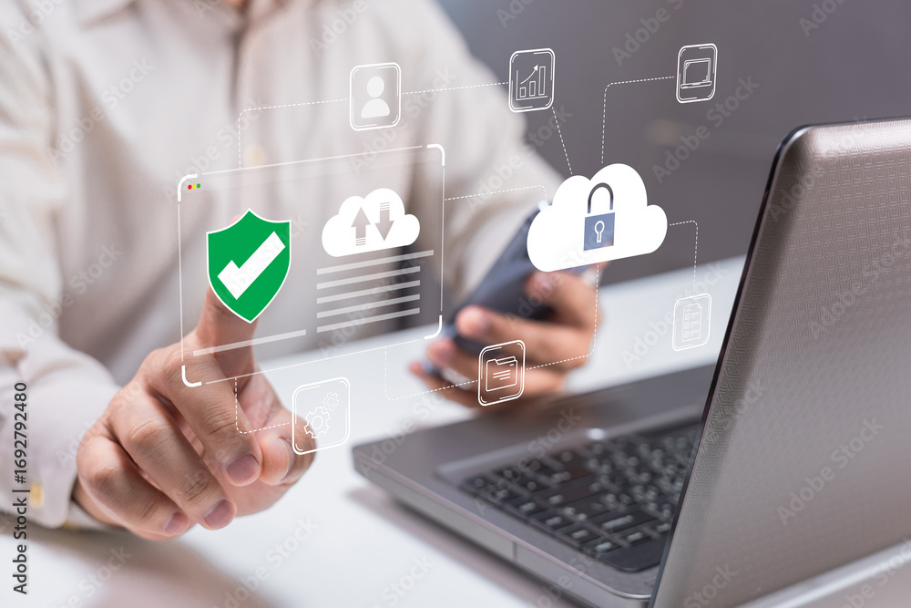 Poster a person interacts with a digital interface showing security icons, indicating a focus on data prote