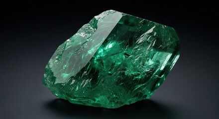 A large, raw, uncut emerald gemstone with a deep green color and sharp facets, isolated on a dark background