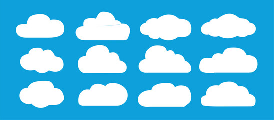 Playful Cartoon Cloud Set on Soft Blue Sky Backdrop – Flat Style Vector Illustration with Realistic Elements for Modern Branding, Logo Collection, or Digital Icon Pack