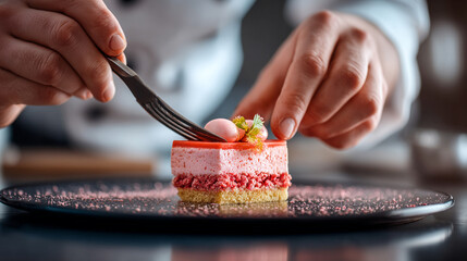 Chef decorating a layered pink dessert with a fork on a black plate close up