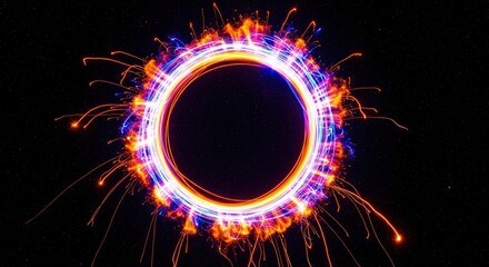 A glowing multi-hued circular light array with erupting orange and red sparks against a dark star-speckled sky