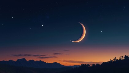 Muslim Celebration: Eid Al Adha And Eid Al Fitr Adha Mubarak Arabic With Crescent Moon And Star In Dark Night Sky Nature Landscape.