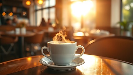 Steaming hot latte cup on an elegant cafe table, evoking a warm morning breakfast atmosphere.