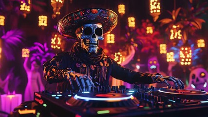 A lively skeleton DJ mixes music at a festive gathering surrounded by colorful decorations and illuminated lanterns