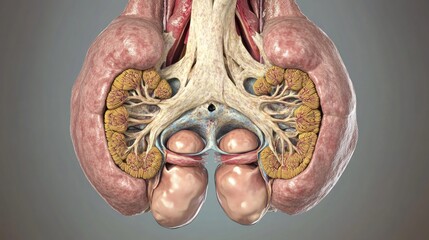 Detailed anatomical cross section showing human kidneys adrenal glands and associated structures in a medical illustration