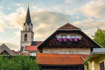 Catholic church tower in the resort town of Kranj near the capital Ljubljana.