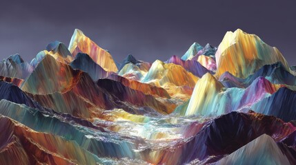 Obraz premium Surreal Rainbow Mountains with Reflective Crystal Surfaces Captured in a Dreamlike Landscape of Vibrant Colors and Ethereal Light