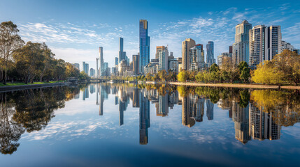 Cityscape reflecting in river with trees and blue sky on a sunny day