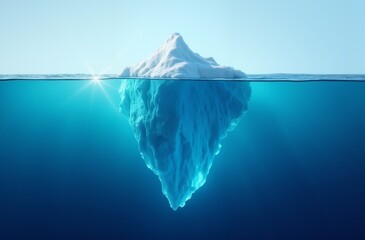 iceberg floating in the deep blue ocean, with its large, hidden underwater part representing a metaphor for concealed problems, secrets, or knowledge.