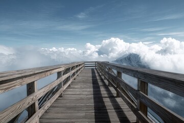 Wooden walkway above clouds, mountain panorama