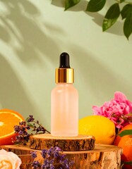 Natural serum bottle on wooden discs, surrounded by citrus fruits and flowers, soft green background