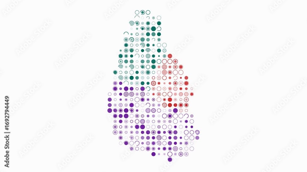 Poster montserrat map animation. shape of the country with pulsating colored dots. large size circle blocks