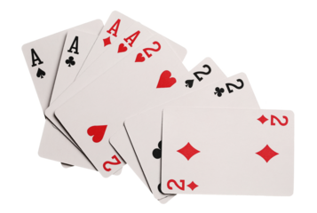 Flying playing cards for poker and gambling, set four deuces and aces isolated on white, clipping path