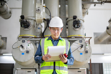 Inspection substation worker wearing safety helmet and reflective vest holding clipboard and walkie...