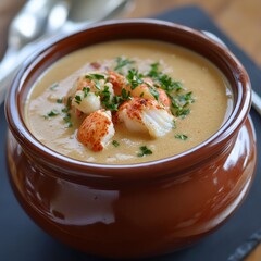 Realistic image of delicious and attractive lobster cream soup for restaurant menu