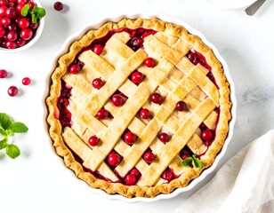Freshly baked cranberry pie in white dish, topped with lattice crust, surrounded by cranberries and mint