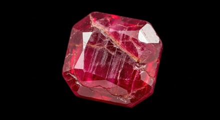 A single, large, faceted red gemstone, possibly a ruby or spinel, on a black background, showing internal inclusions and brilliant shine