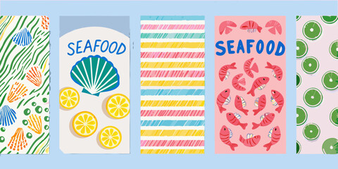 Collection of vibrant playful illustrations featuring seafood citrus fruits and abstract patterns
