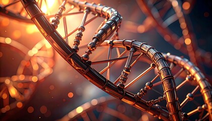 A close-up view presents a detailed depiction of a DNA double helix structure in warm tones. 