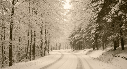 Serene Winding Road Through a Snow-Covered Forest with a Vintage Sepia Tone