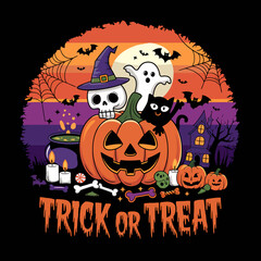 2d vector illustration Halloween t shirt icon design items ghost character Candles in carved pumpkin
