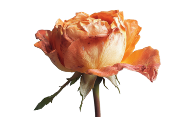 A single wilting peach colored rose with delicate petals isolated on white background