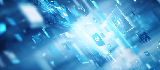 Abstract digital design of overlapping, translucent, light-blue geometric shapes