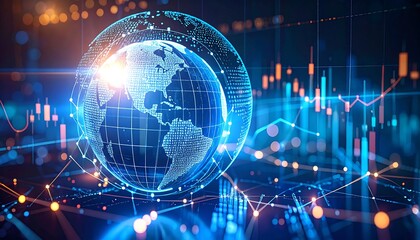 A digital, glowing globe floats in a complex network of lines and data visualizations, hinting at global connectivity and financial markets. Vibrant blues and oranges create a dynamic, modern visual