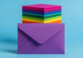 Vibrant purple envelope with a stack of colorful rainbow paper squares on top, isolated against a bright blue background