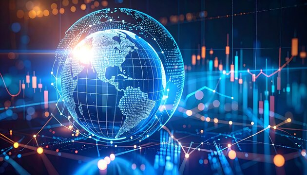A digital, glowing globe floats in a complex network of lines and data visualizations, hinting at global connectivity and financial markets. Vibrant blues and oranges create a dynamic, modern visual
