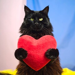 Black cat holds red heart