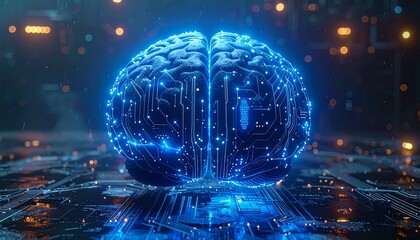 human brain half digital circuit board glowing in blue