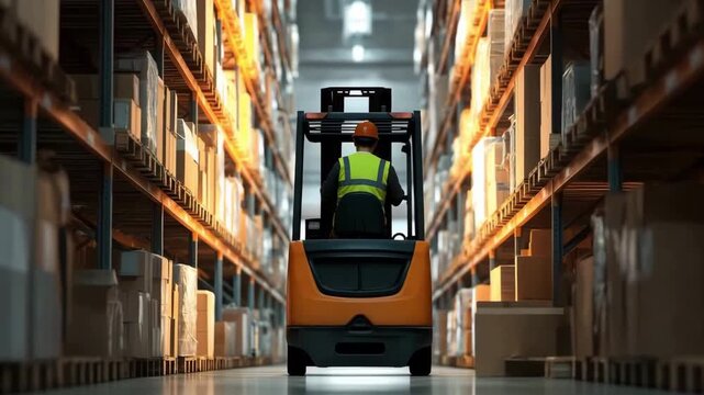 A warehouse worker maneuvers a forklift through aisles stacked with packages while managing inventory in a distribution center