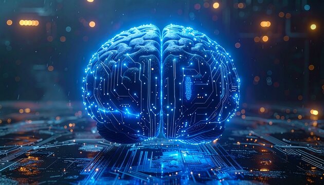 human brain half digital circuit board glowing in blue