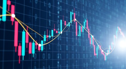 Financial stock market trading graph with data analysis and binary code background, representing investment trends and economic performance