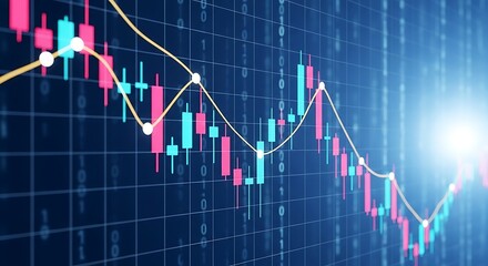 Financial stock market chart with red and blue bars and a yellow line graph on a blue digital background, representing growth and analysis