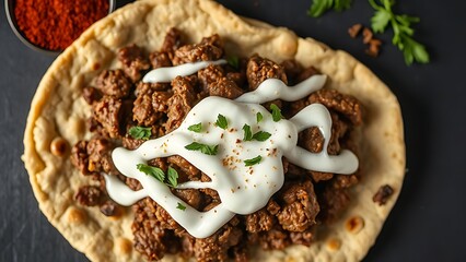 Ground lamb flatbread with yogurt and warm spices in overhead styling, representing Mediterranean cuisine trends and artisanal cooking, ideal for restaurant marketing and culinary education content